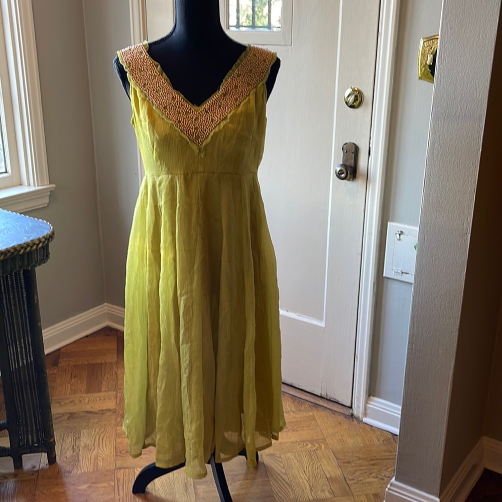 M & Co Boutique beaded chartreuse flowy dress.